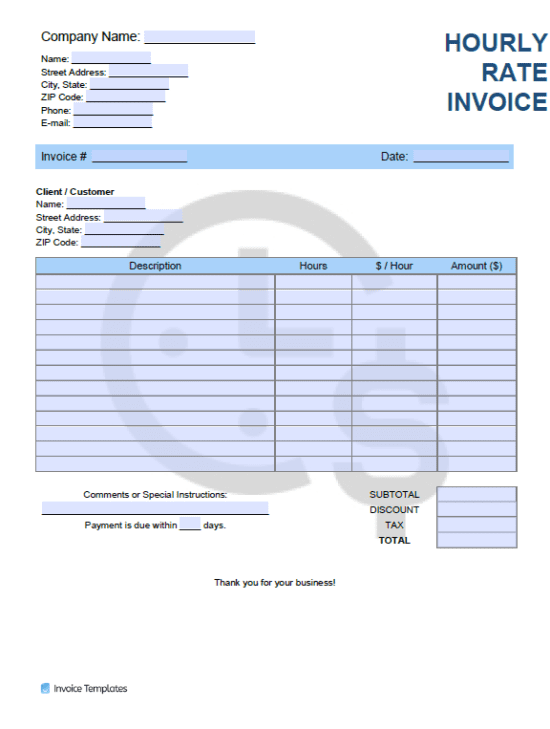 Hourly Rate ($/hr) Invoice Template PDF WORD EXCEL