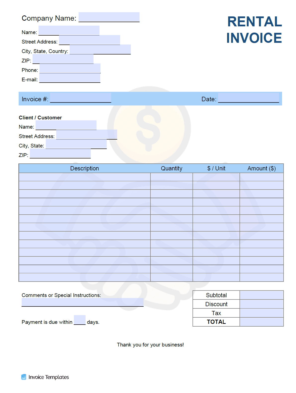 Rental Invoice Template PDF WORD EXCEL
