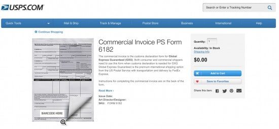 USPS Commercial Invoice Order Page